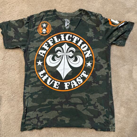 Affliction Army Tee Fatigue Style Green Camo M Back Graphic Skull Made in USA - Picture 1 of 10